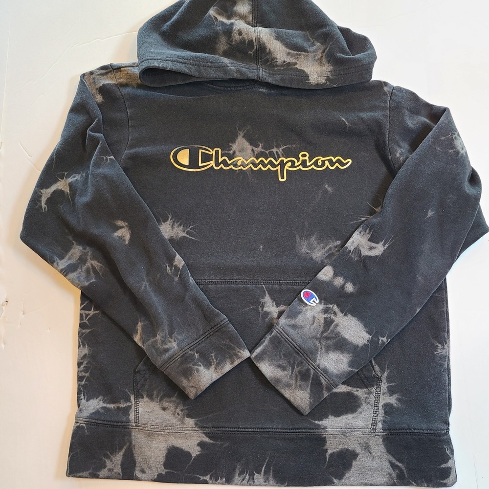 Champion Tie‎ Dye Hoodie Sweatshirt Men Large Black Gray Authentic Athleticwear